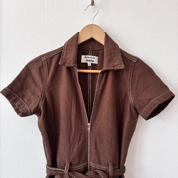 Reformation Jeans Cassidy Chocolate Brown Denim Jumpsuit - Picture 7 of 12